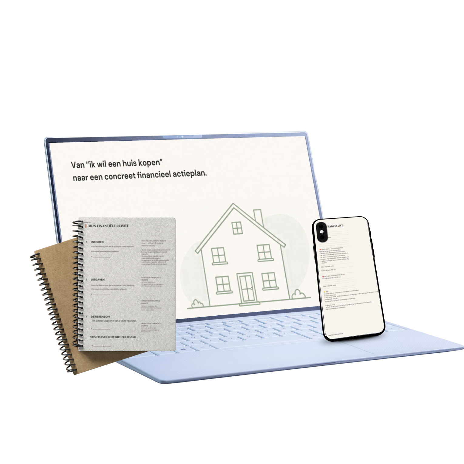 Het Eerste Huis Startplan op laptop, telefoon en als werkboek