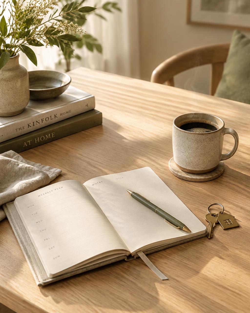 Houten tafel met koffie, planner en huissleutel in ochtendlicht
